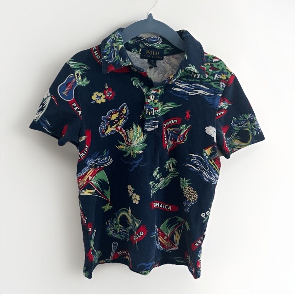 Polo Ralph Lauren Shirt Boys 5 Blue Multicolor Jamaica Beach Tropical Boat Fish